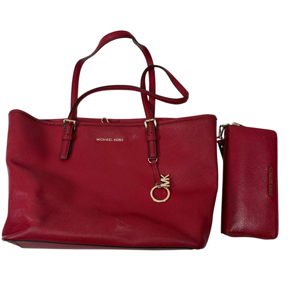 Michael Michael Kors Red Jet Set Travel Tote Bag Matching Wallet Purse handbag